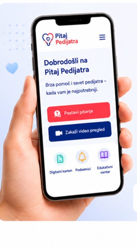 Ruka drži telefon sa aplikacijom Pitaj Pedijatra